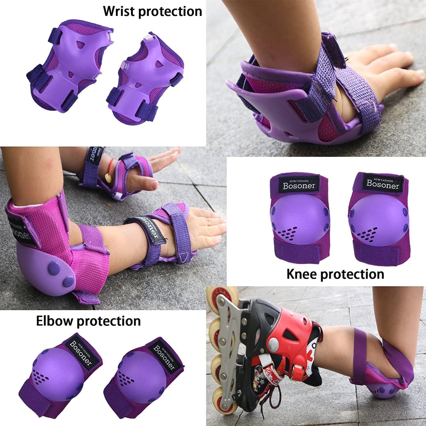 BOSONER Kids/Youth Knee Pads Elbow Pads Wrist Guards Set for 3-15 Years, Child Protective Gear Set for Multi-Sports Outdoor, Roller Skates, Cycling, BMX Bike, Skateboard, Scooter