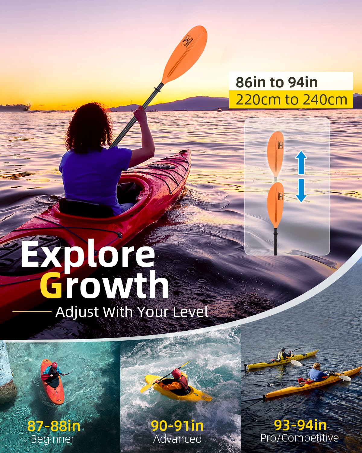 OCEANBROAD Adjustable Carbon Fiber Kayak Paddle 86in/220cm to 94in/240cm Kayaking Oar with Paddle Leash 1 Paddle, Orange