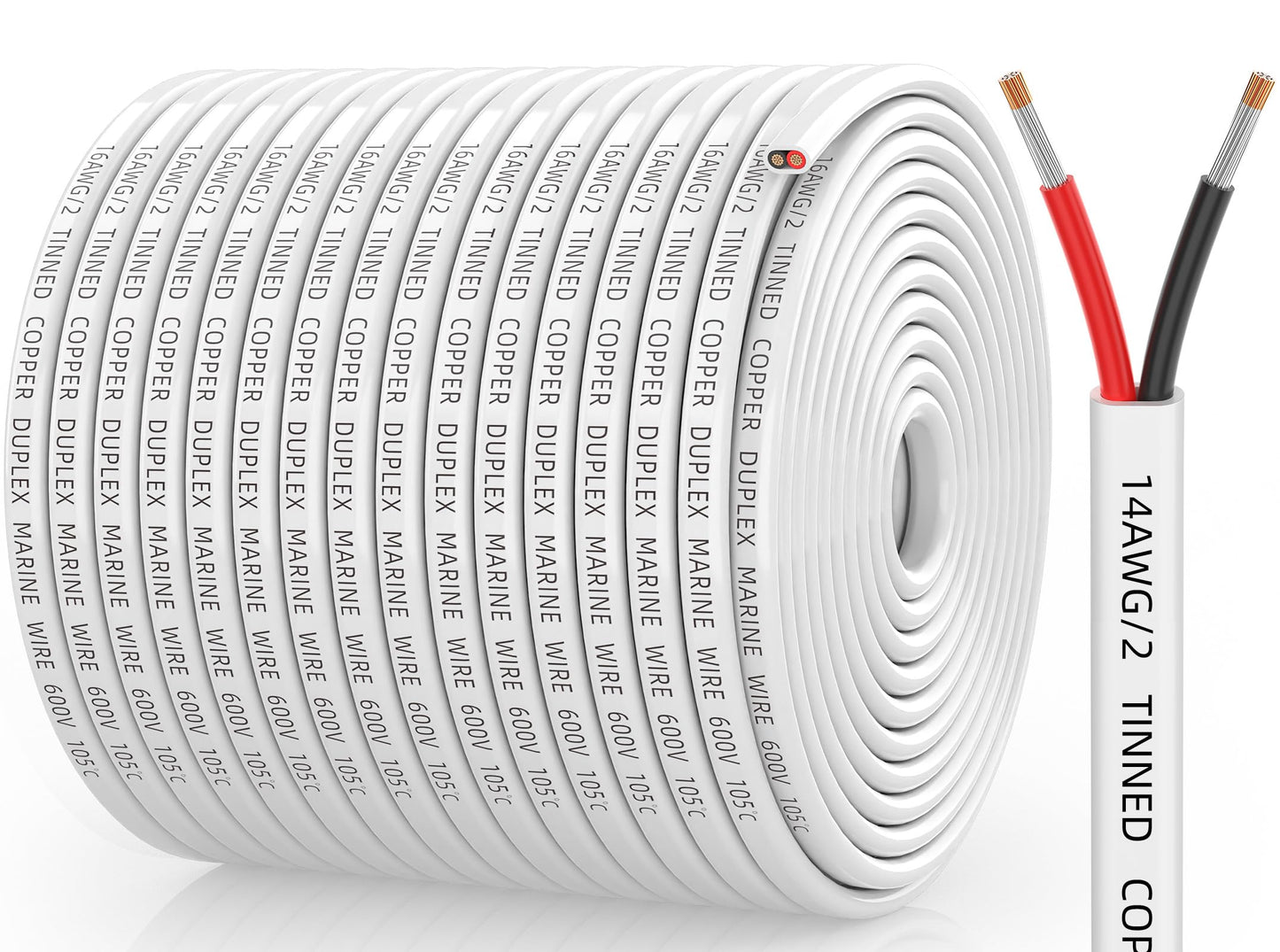 CONEPY 14 Gauge Marine Wire, 14/2 Duplex Marine Grade Cable, IP68 Waterproof/Oxygen-Free Tinned Copper Stranded PVC 14 AWG Wire for Boat, Automotive, RV, Solar, LED Strips (500FT)