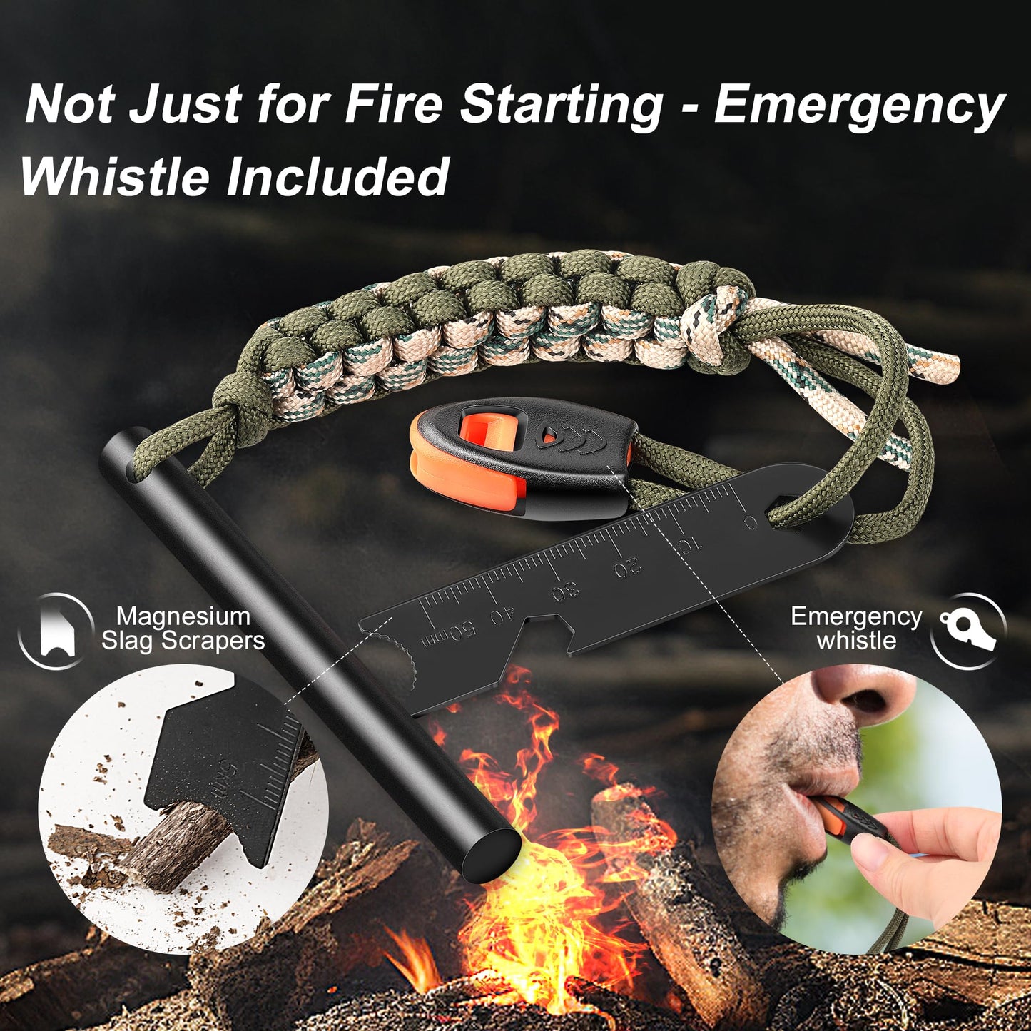 Clwryviduu Survival Fire Starter, 4 Inch Ferro Rod, Flint Fire Starters for Hiking and Camping, Flint and Steel Survival Tool with Paracord and Emerge