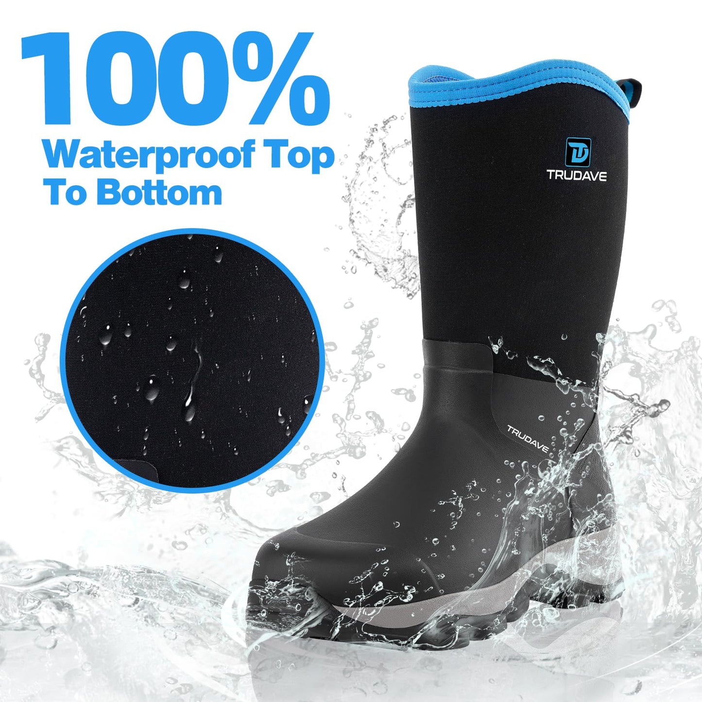 Trudave Rubber Boots for Men with Steel Shank, Waterproof Mid Calf Mens Rain Boots, 5.5mm Neoprene Insulated Mud Work Boots for Garde