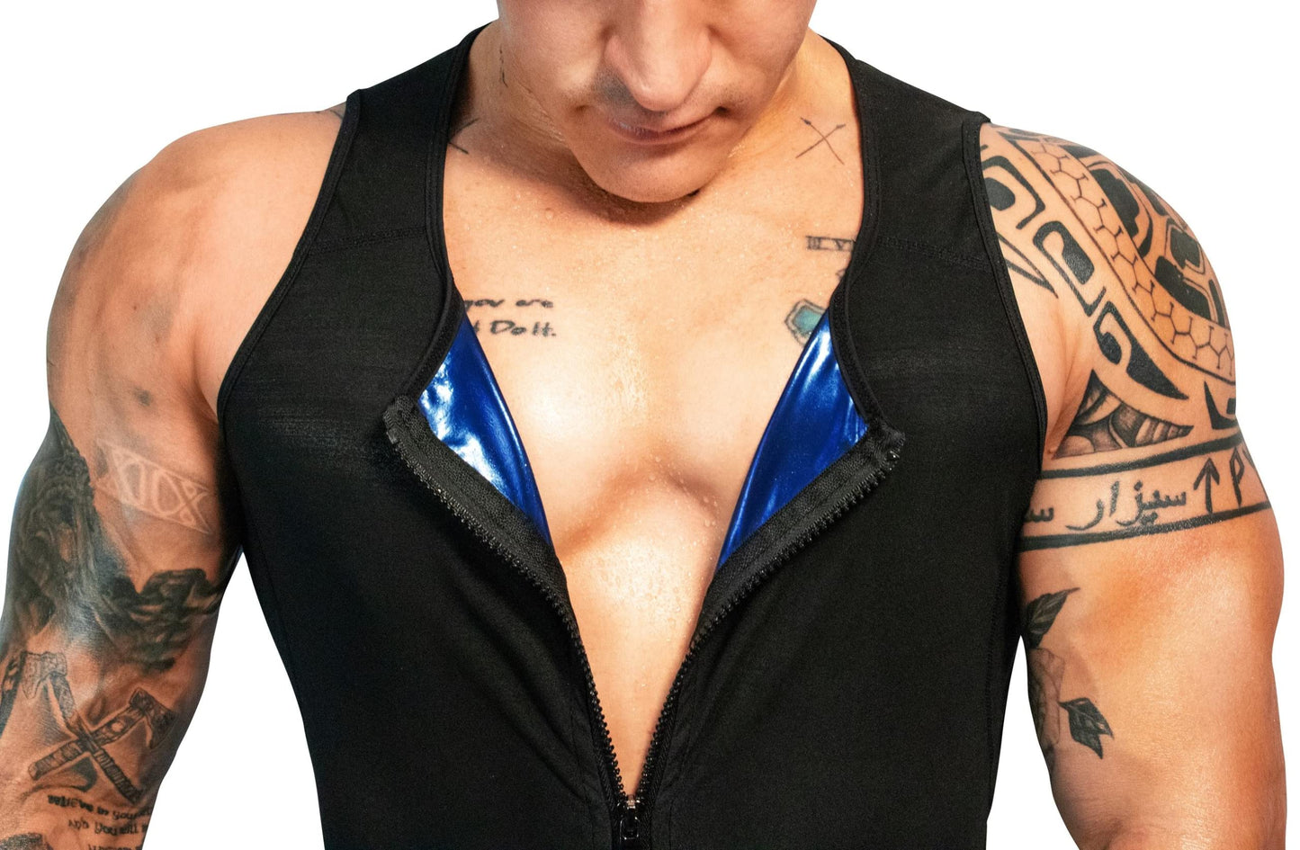 FUXERT Sauna Vest for Men Workout Tank Top for Weight Loss Slimming Compression zipper Tank Top Sweat Enhancing Vest(SOBK L/XL)