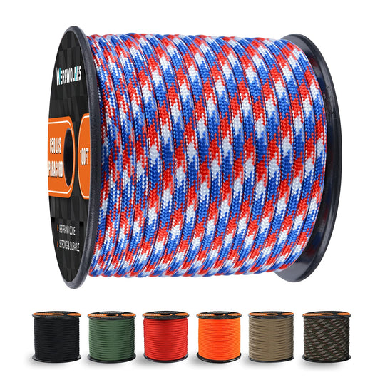 650lb Paracord/Parachute Cord - 9 Strand Paracord Rope - 100', 200' Spools of Parachute Cord, Type III Paracord for Camping, Hiking and Survival (Red Blue Camo, 100 Feet)