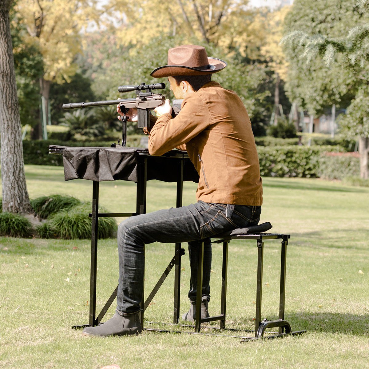Goplus Foldable Shooting Table, Height Adjustable Shooting Bench with Adjustable Gun Rest, Ammo Pockets, Padded Seat, Portable Shooting Bench Rest for Rifles, Hunting, Outdoor