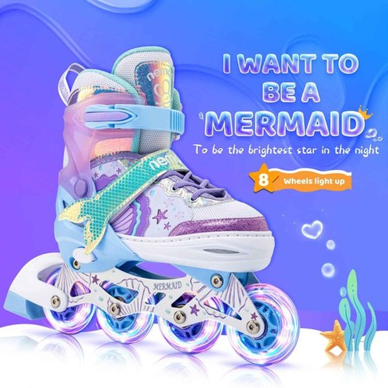 NEMONE Mermaid Inline Skates (Purple M) with Protective Gear Set Knee Elbow Wrist Guards Pads for Kids Girls (Size M)