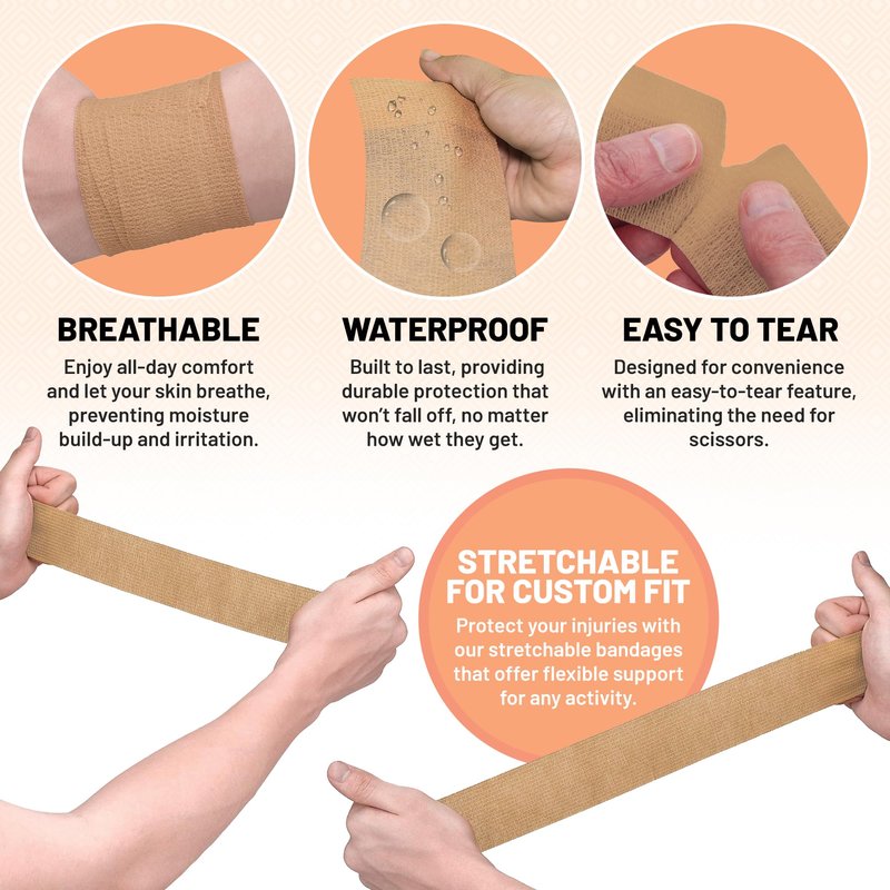 6 Pack, Self Adherent Cohesive Tape - 1” 2" 3" x 5 Yards Combo Pack, (Light Tan Shade) Self Adhesive Bandage Rolls & Sports Athletic Wrap for Ankle, Wrist, Sprains