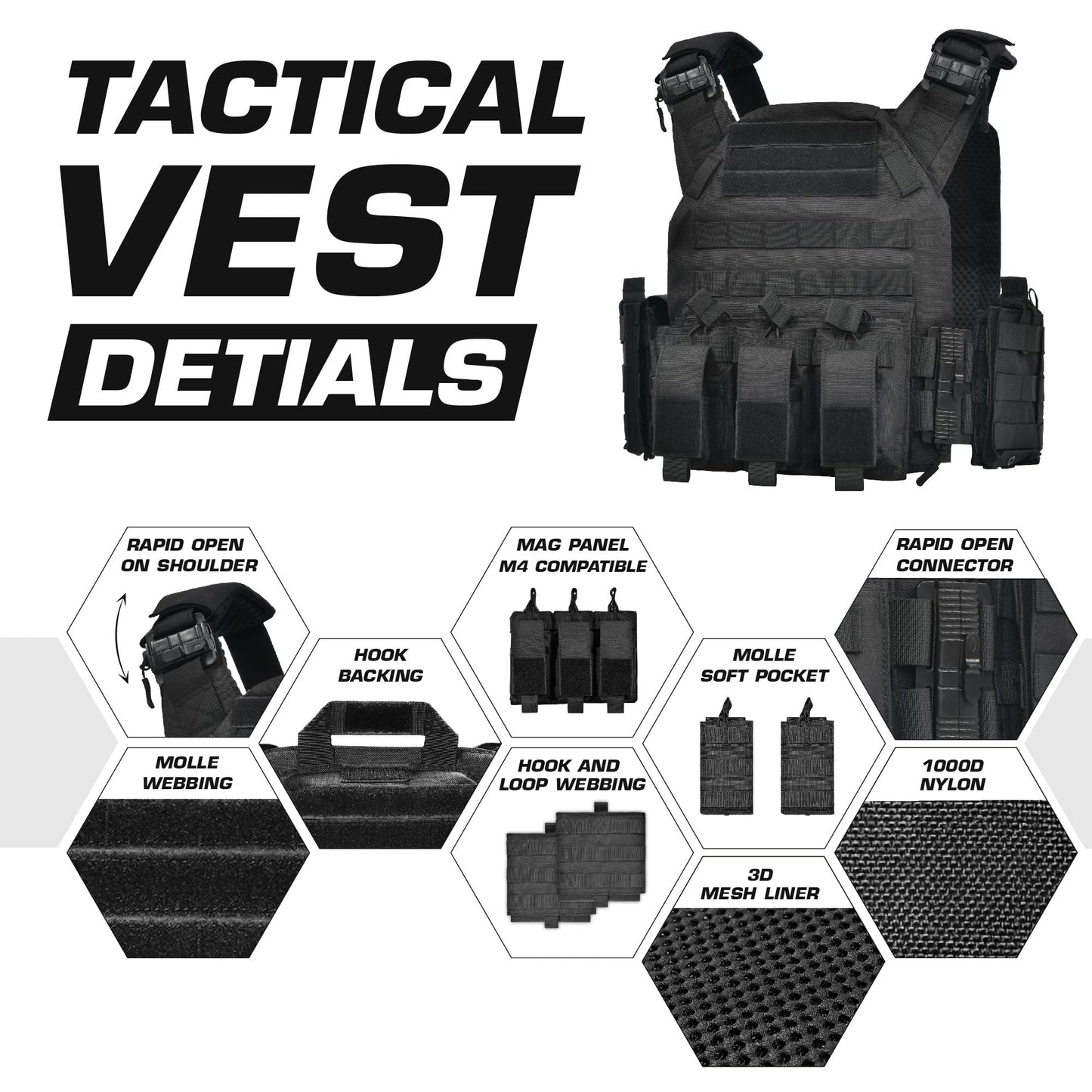 GFIRE Tactical Vest Quick Release Lightweight Vest Adjustable Breathable Weighted Vest for Training