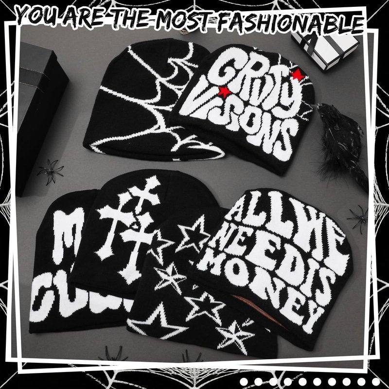 6 Pcs Y2K Knitted Beanies Spider Web Star Letters Pattern Beanie Cross Graphics Knitted Hat Casual Streetwear Outdoor Sports Trend Beanie for Men Women Black