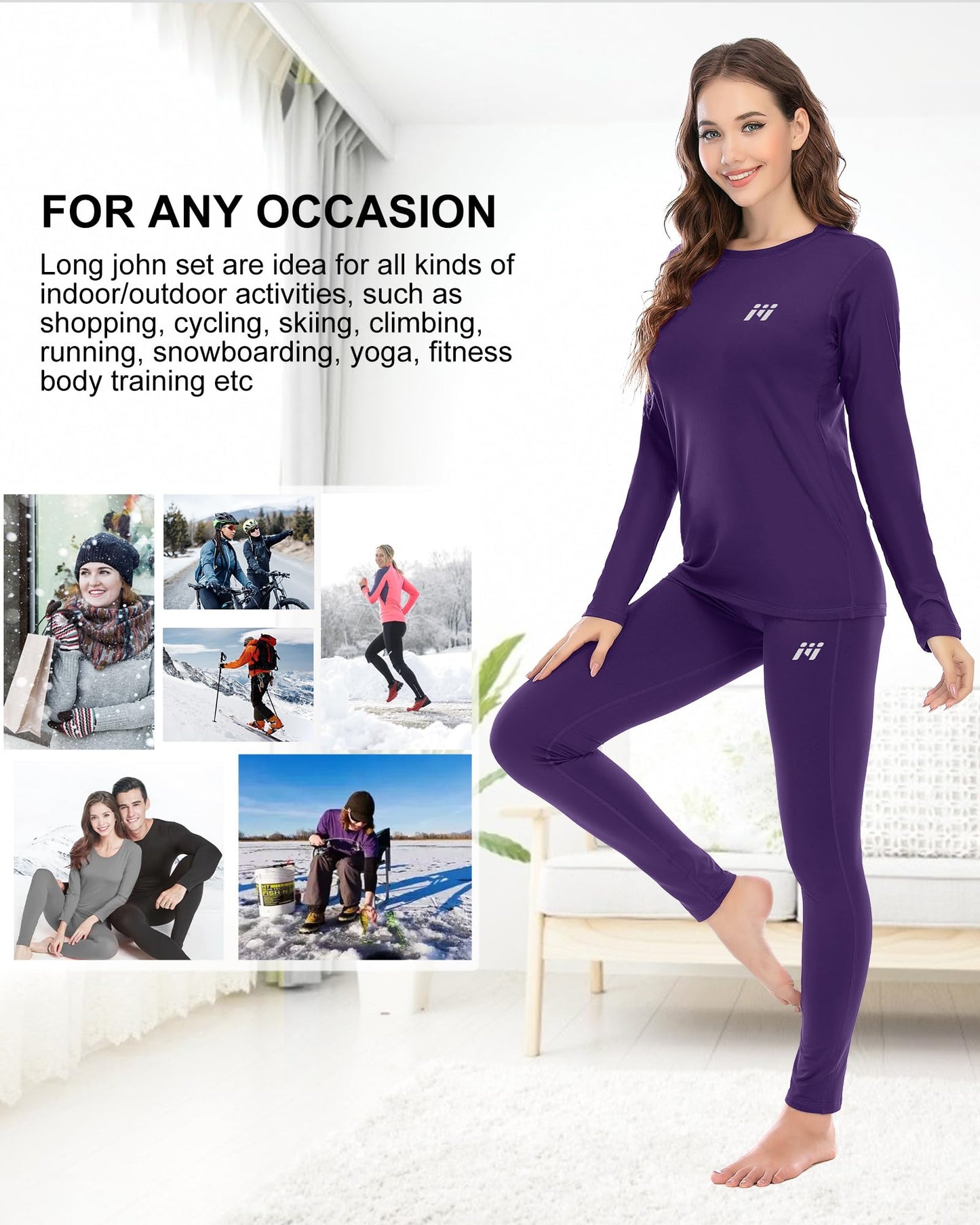 MEETWEE Thermal Underwear for Women, Winter Warm Base Layer Top & Bottom Set Ski Cold Weather Gear with Fleece Lined Purple