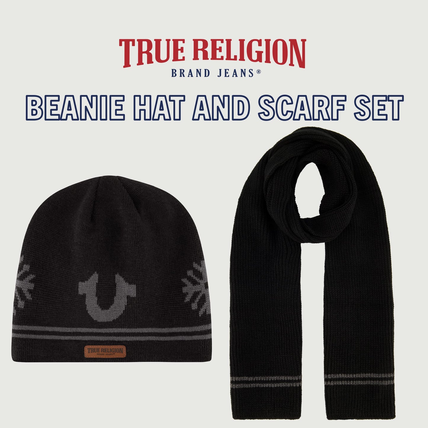 True Religion Beanie Hat and Scarf Set, Ribbed Long Winter Knit Cap and Scarf with End Stripes, Black, One Size