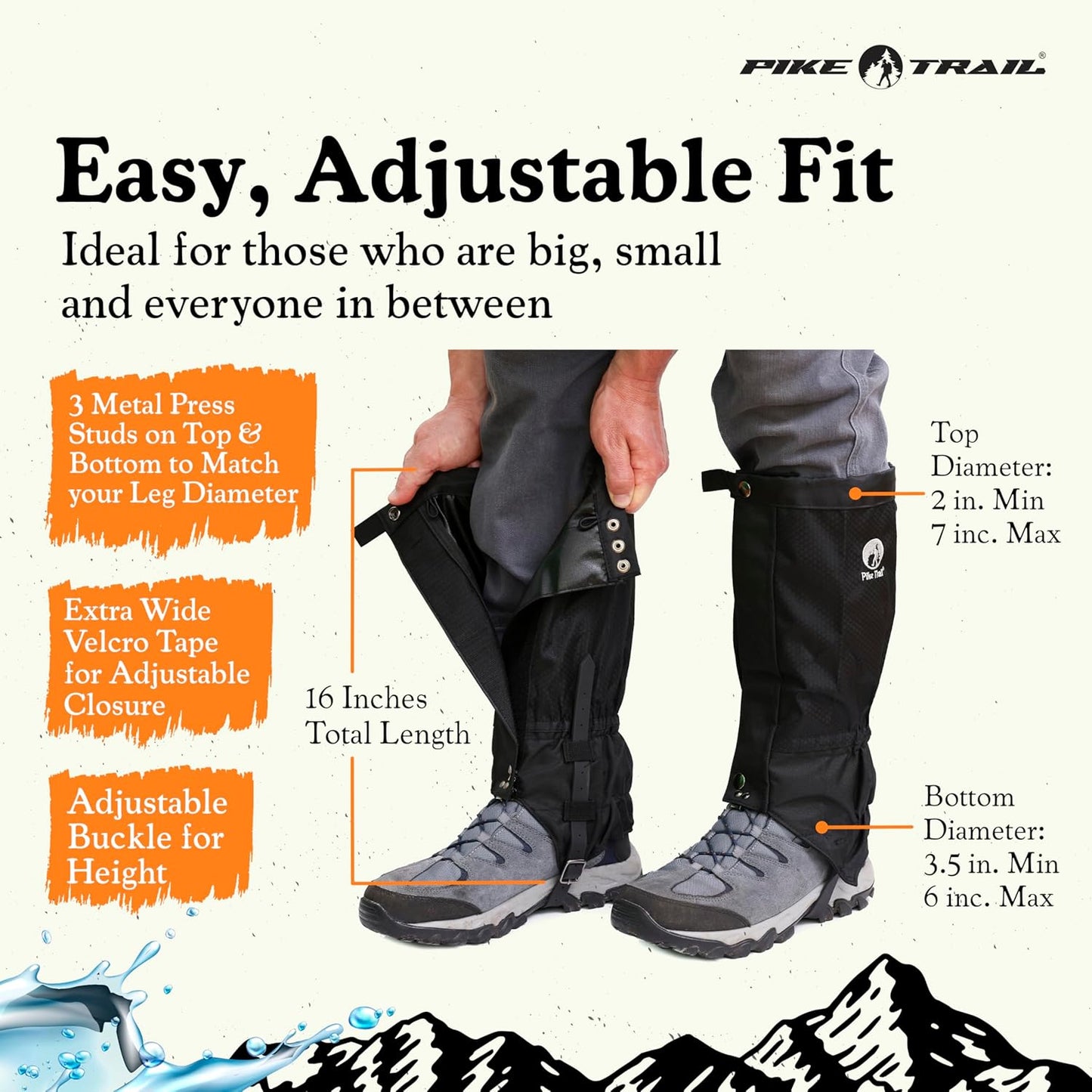 Pike Trail Adjustable Leg Gaiters - Waterproof & Lightweight Leg Guards for Hiking, Trekking | Unisex, 1 Pair