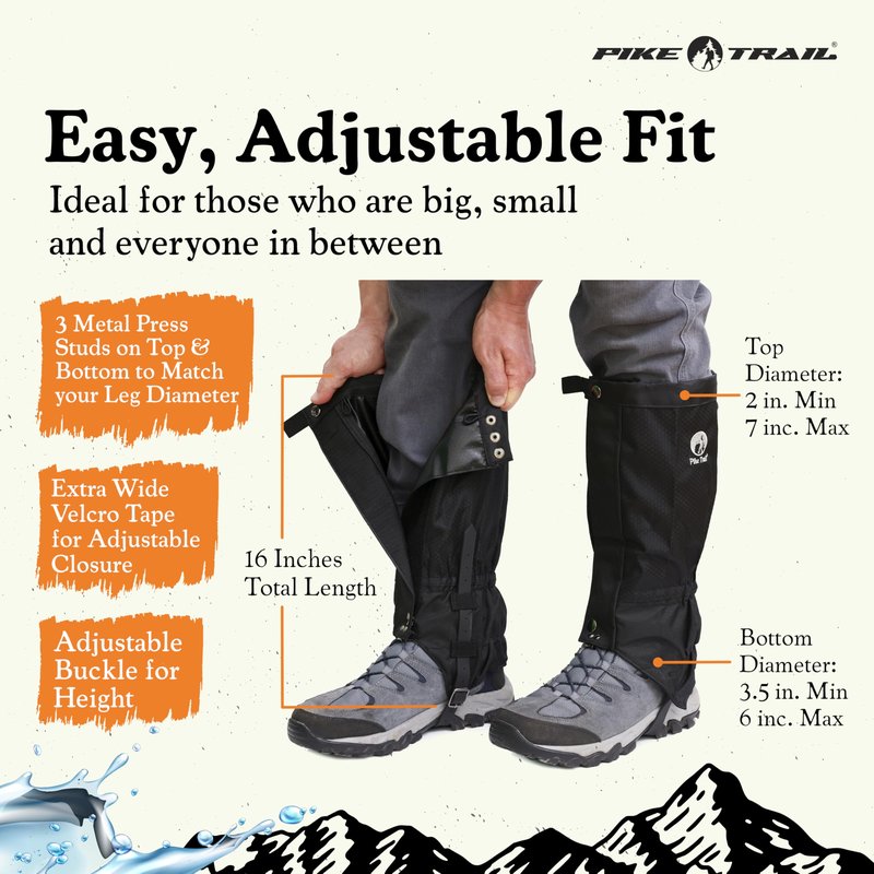 Pike Trail Adjustable Leg Gaiters - Lightweight, Waterproof - Leg Guards for Men & Women - Hiking Essentials Ideal for Hunting, Trekking & Fishing - 1 Pair