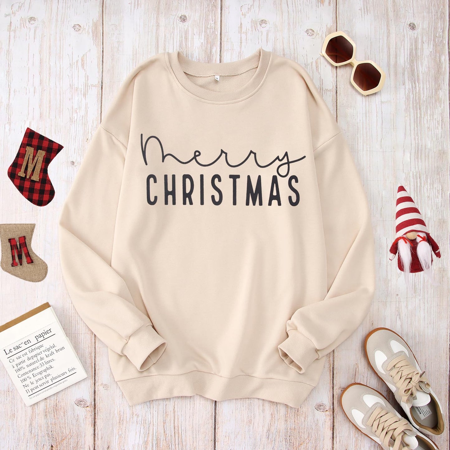 CM C&M WODRO Merry Christmas Sweatshirt Women Crewneck Xmas Holiday Sweater Shirt Winter Long Sleeve Oversized Pullover Tops(Apricot,XLarge)