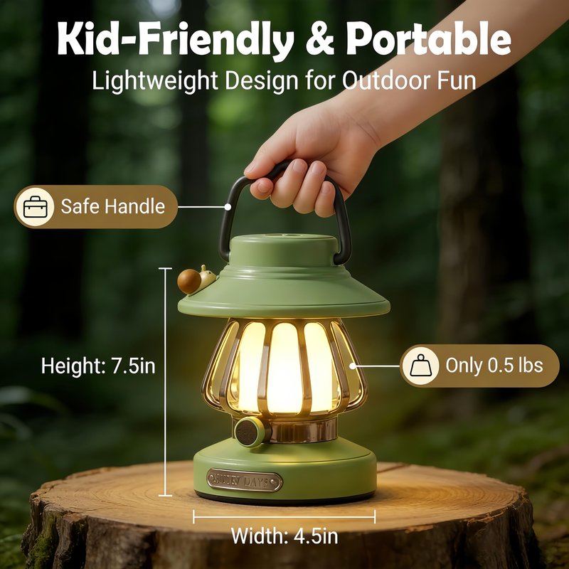 Kids Lantern with 3 Color Light & USB-C Rechargeable, Dimmable Camping Night Light for Children, Safe & Durable ABS Plastic Toddler Flashlight for Bedroom, Tent, Spring Camping Gear for Kids (Green)