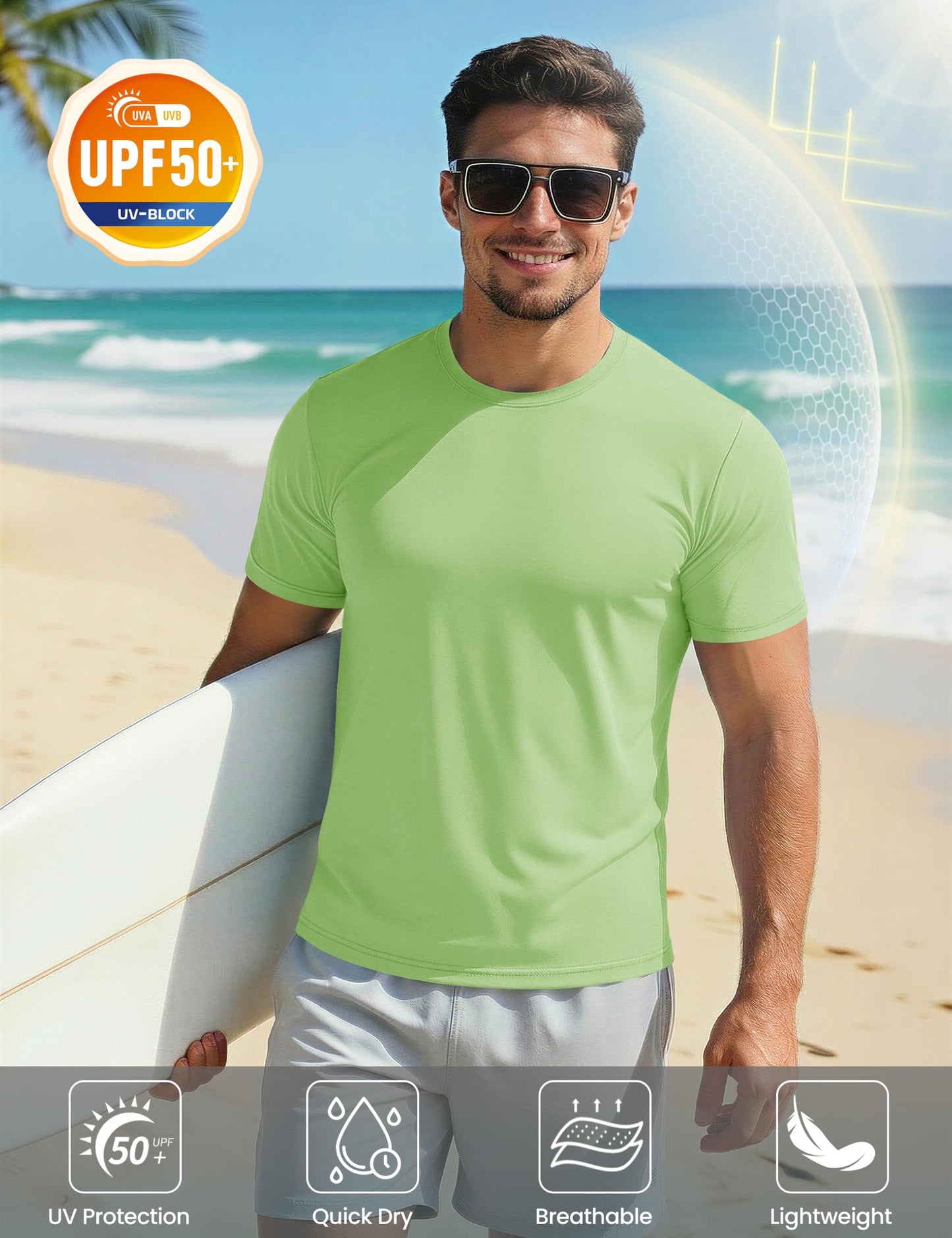 MAGCOMSEN UPF 50 Shirts for Men Short Sleeve Summer T-Shirt UV Protection Running Shirts Quick Dry T Shirts Light Green XL