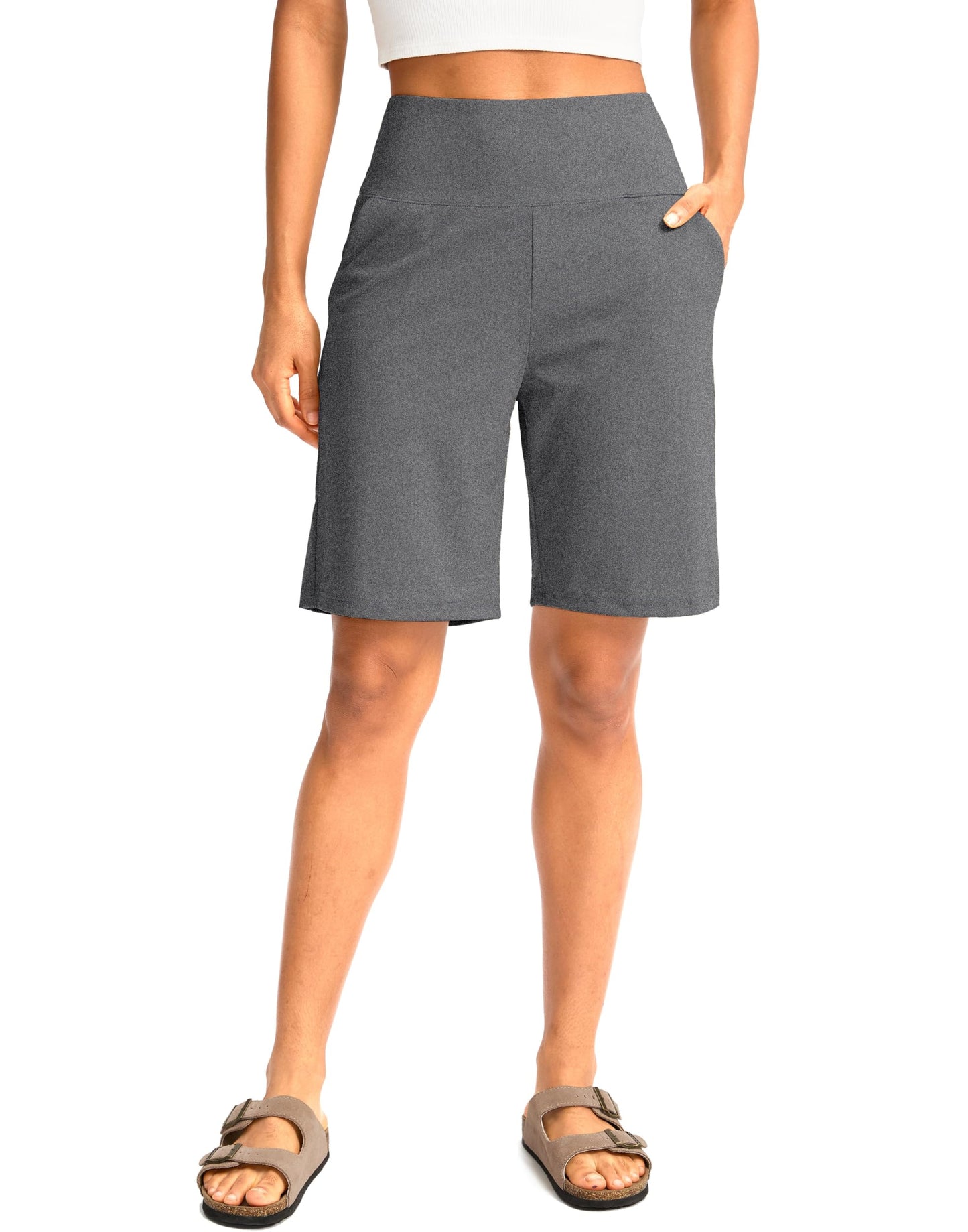 G Gradual Women's Bermuda Long Shorts with Pockets 9" High Waisted Knee Length Shorts for Women Walking Athletic Workout(Charcoal,XXXL)