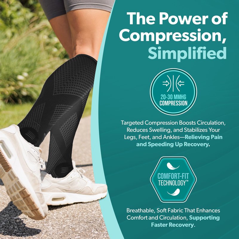 BraceAbility Compression Socks for Circulation - (2 Pairs) 20-30 mmHg Knee High Neuropathy Open Toe Stockings Best for Varicose Veins, POTS, Restless Leg, Toeless Support for Men or Women (L - Black)