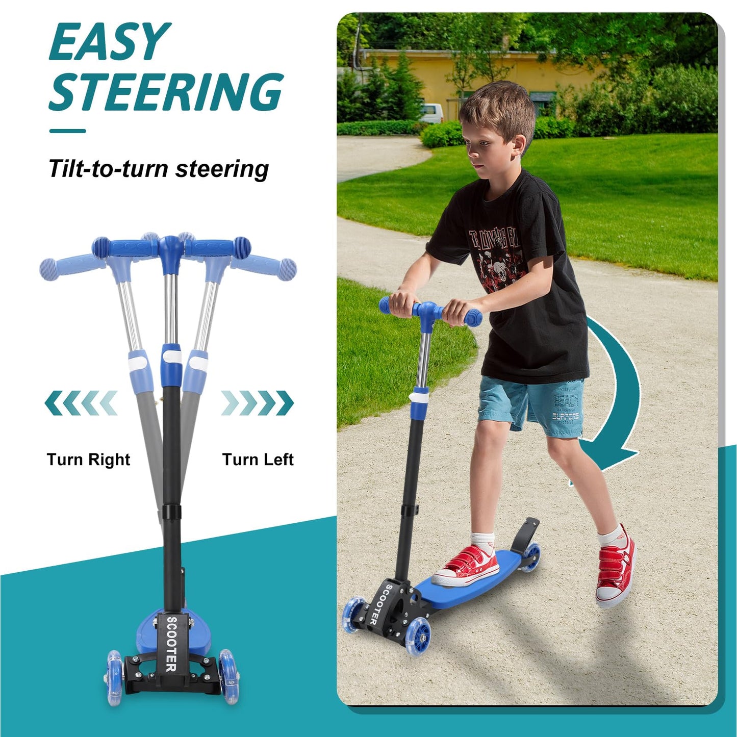 3 Wheel Scooter for Kids Ages 3-12, Lean-to-Steer Kids Kick Scooter with LED Light-Up Wheels, 3 Adjustable Heights, Foldable Design, 6" Extra Wide Deck for Boys and Girls Toy Gift -Blue