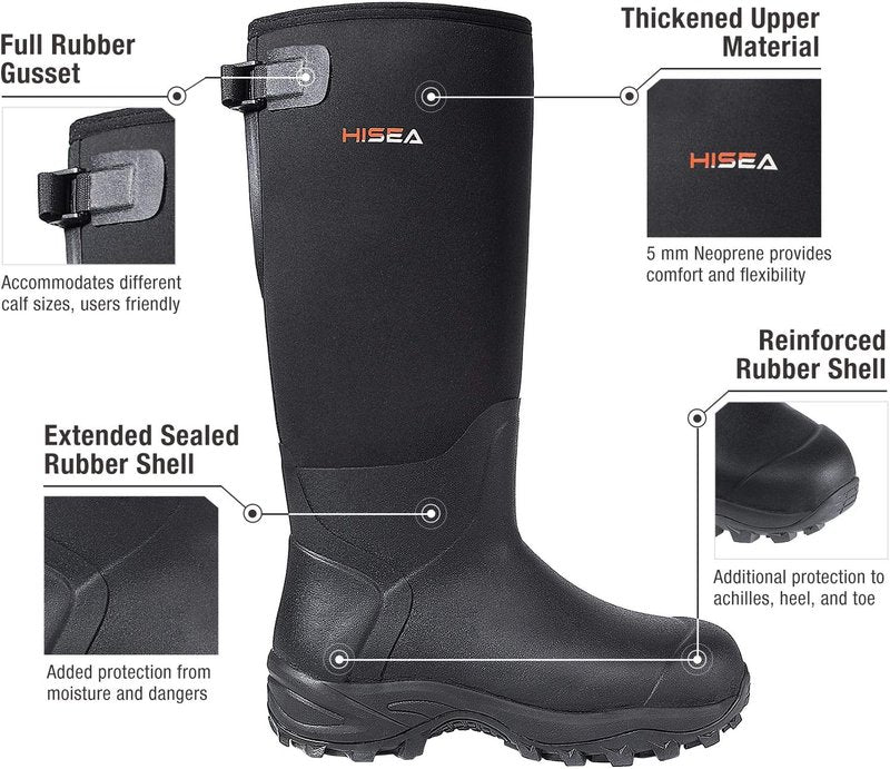HISEA Rubber Hunting Boots - Tall Waterproof Insulated Neoprene | Durable Slip-Resistant Men's Winter Boots
