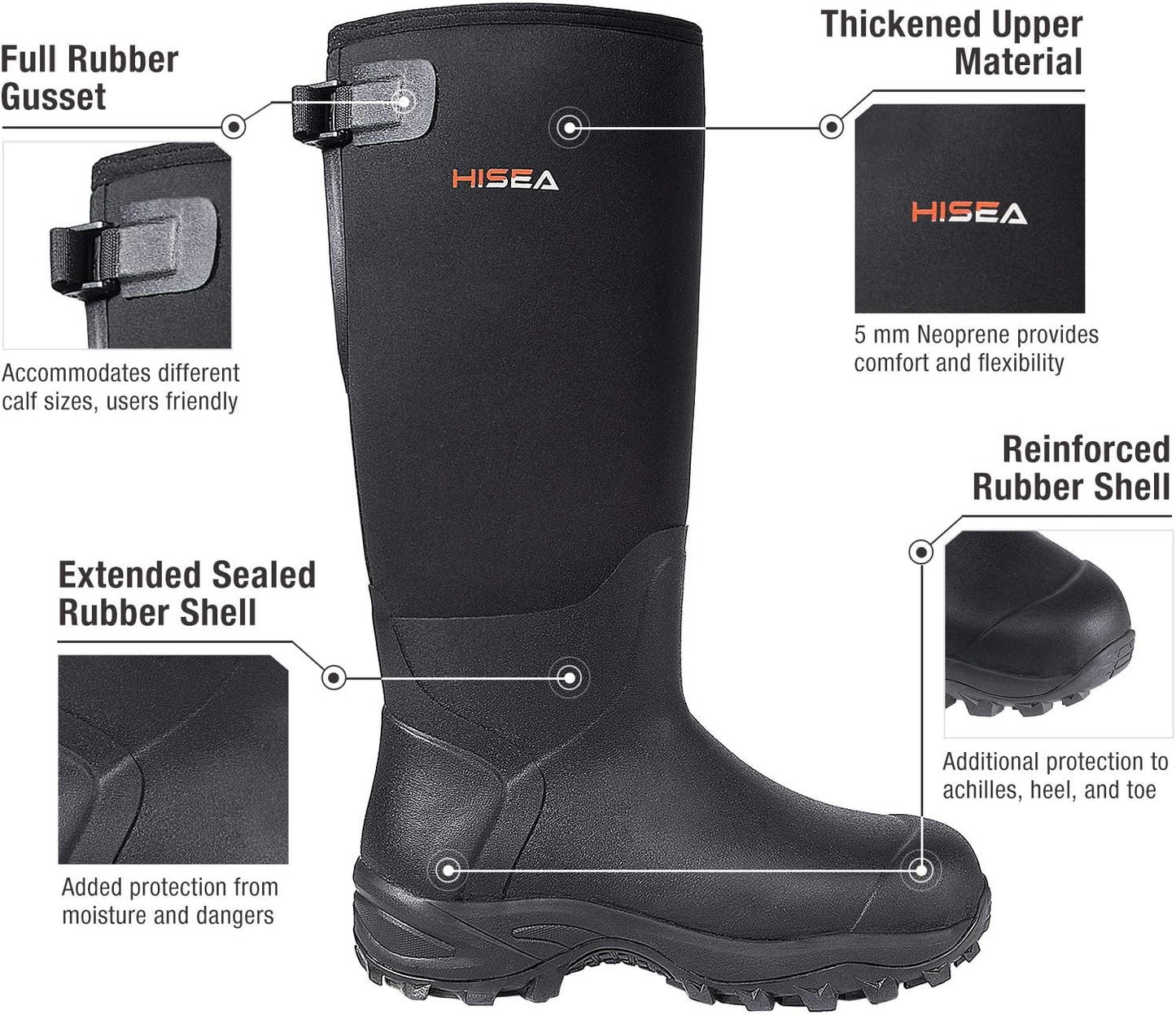 HISEA Rubber Hunting Boots - Tall Waterproof Neoprene Insulated | Durable Slip-Resistant Design for Men