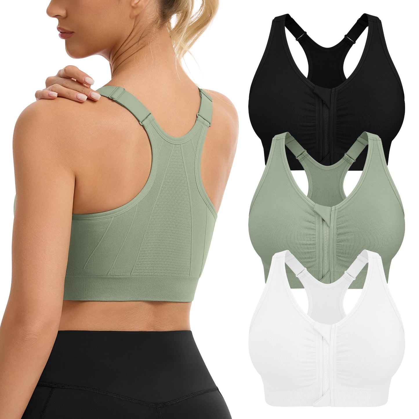 Women's Zip Front Sports Bra Adjustable Post-Surgery Bra Zipper Closure Bras Padded Surgical Bra Racerback Workout Gym Yoga Bras 3 Pack Zip Up Compression Bras