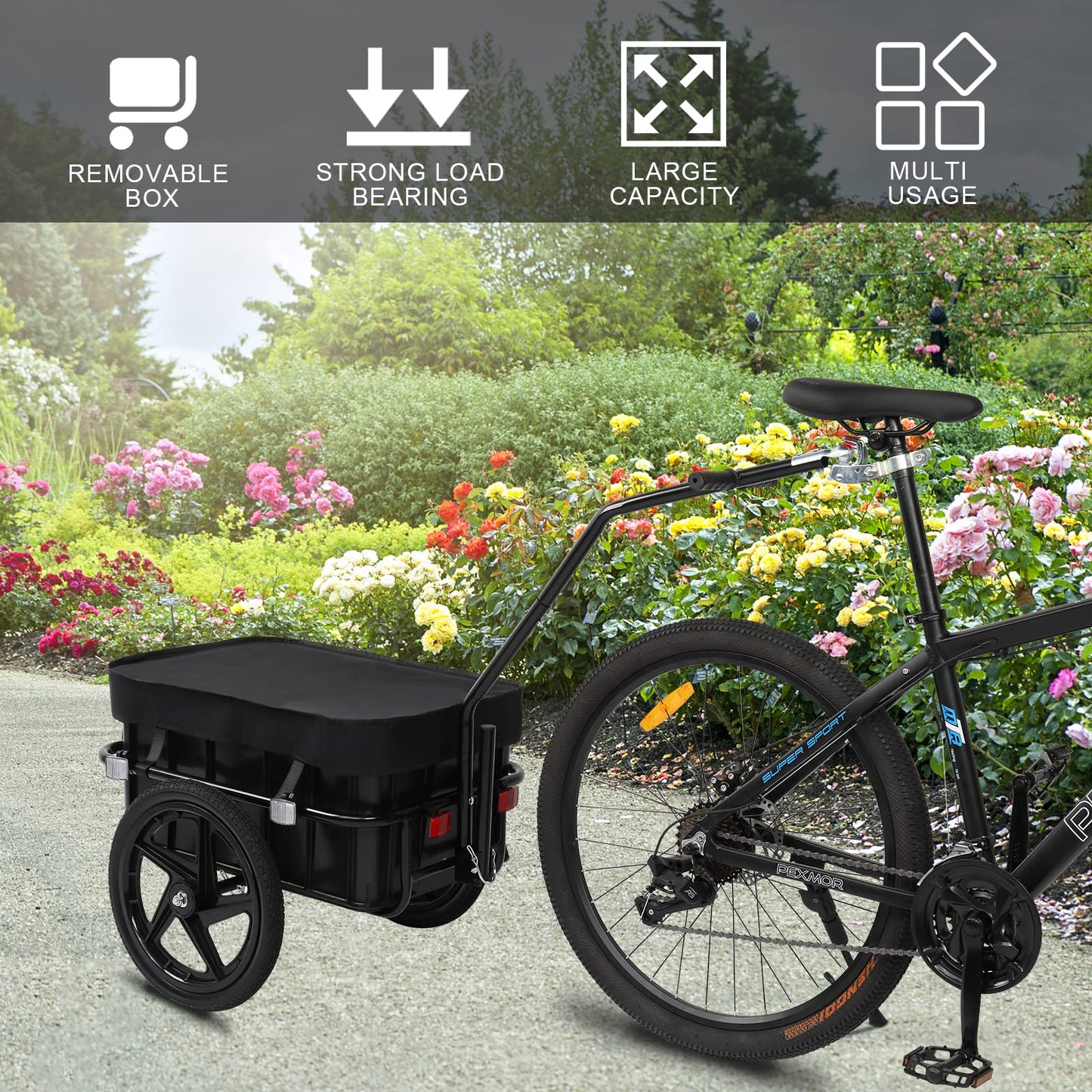 PEXMOR Bike Cargo Trailer with Removable Box & Waterproof Cover, Bicycle Wagon Trailers with 16" Wheels & Quick Release Universal Coupler, Large Loading Bike Trailer Storage Cart with Reflectors