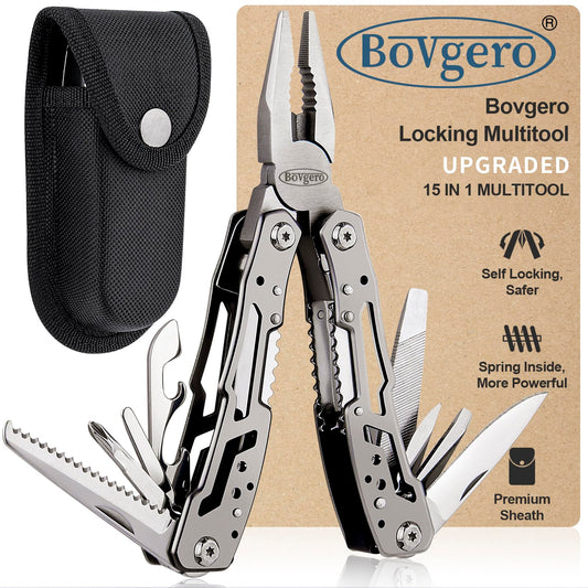 Bovgero Self Locking Multitool Plier, 15 in 1 Handmade Multi Tool Plier with Nylon Sheath, Spring Inside Multi-tool, Birthday Christmas Father's Day Gift for Men Women Him Her Husband Boyfriend