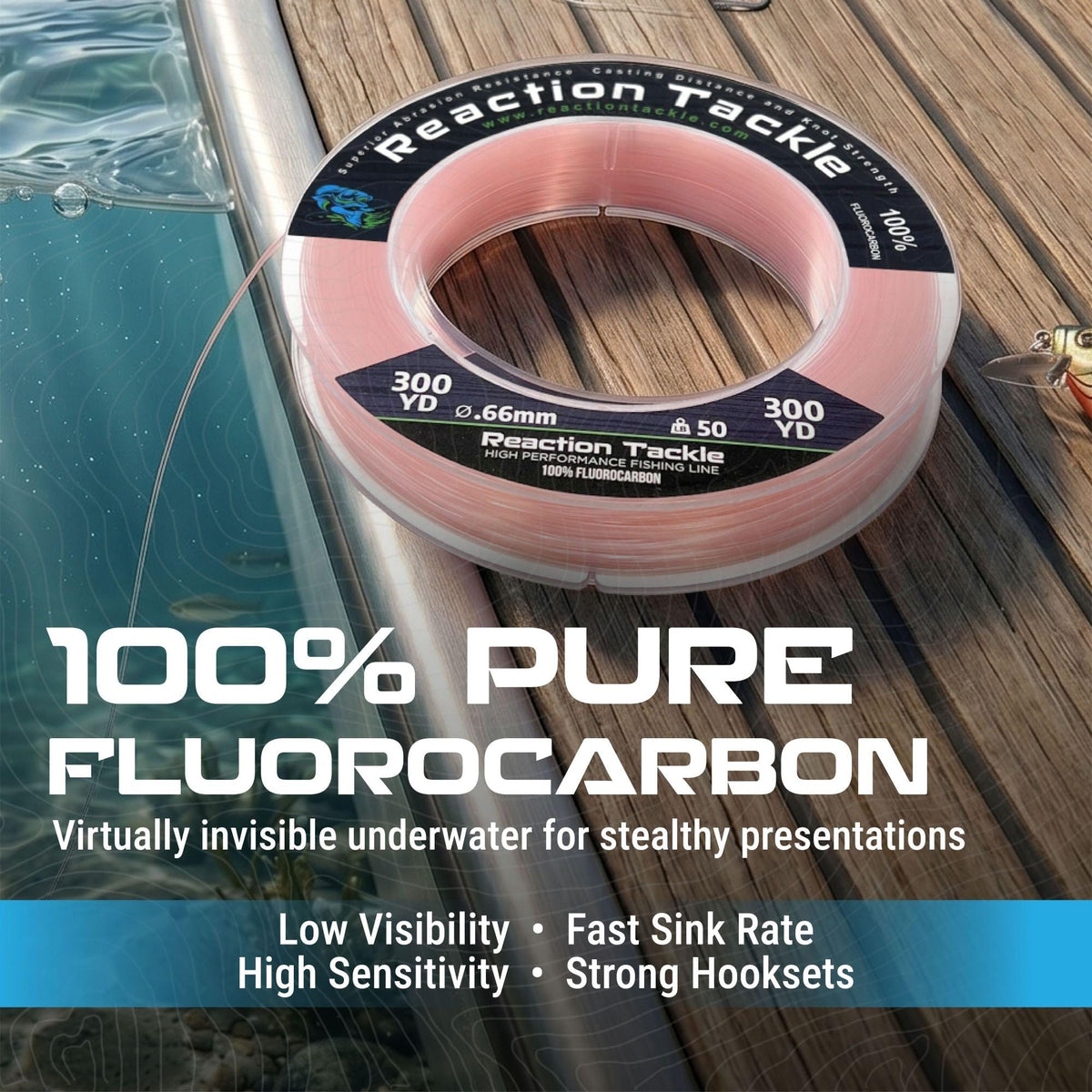 Reaction Tackle 100% Pure Fluorocarbon Fishing Line - High Strength, Abrasion-Resistant, Fast-Sinking, Virtually Invisible - Saltwater and Freshwater Leader Line - Pink - 50LB 50 Yards