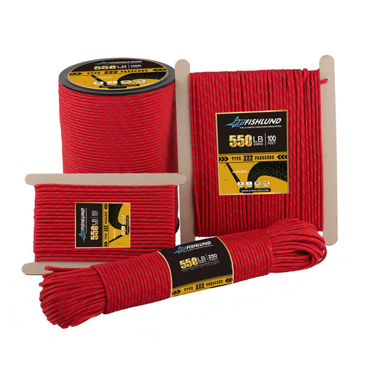 FISHLUND Reflective Paracord 550 lb, 7 Strand Type III Paracord Rope 50ft 4mm, High Strength Nylon Parachute Cord for Camping, Survival, Fishing, Tactical and Hiking, Imperial Red