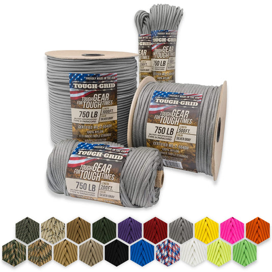 TOUGH-GRID 750lb Paracord/Parachute Cord - 100% Nylon Mil-Spec Type IV Paracord Used by The US Military, Great for Bracelets and Lanyards, 200Ft. - Silver Gray