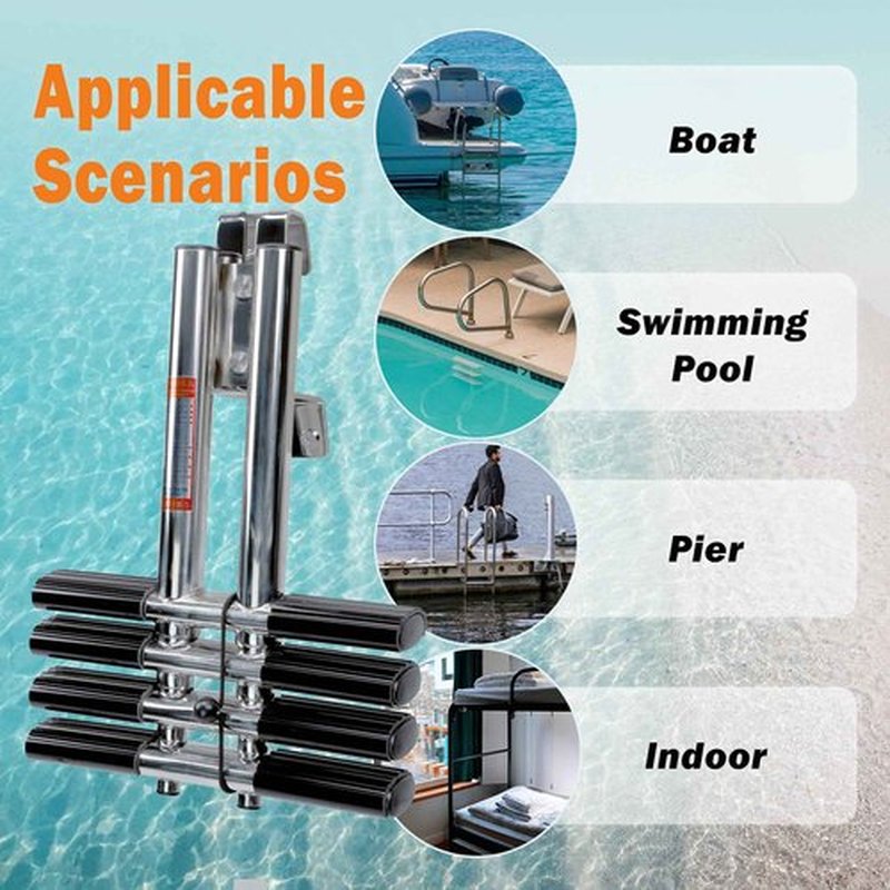 XinKunmarine 4 Step Boat Ladder, Stainless Steel Dive Boarding Ladders for Bass Fishing Boats, Heavy-Duty with Non-Slip Treads