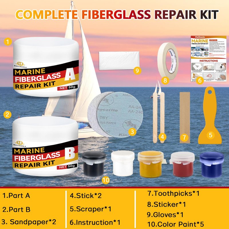 Marine Fiberglass Repair Kit for Boats, Gel Coat Repair Kit for Boats, Fiberglass Boat Repair kit, Epoxy Filler for Fiberglass Boats, Fiberglass Kit Fix Holes Chips Pits and Deep Cracks (Color Match)