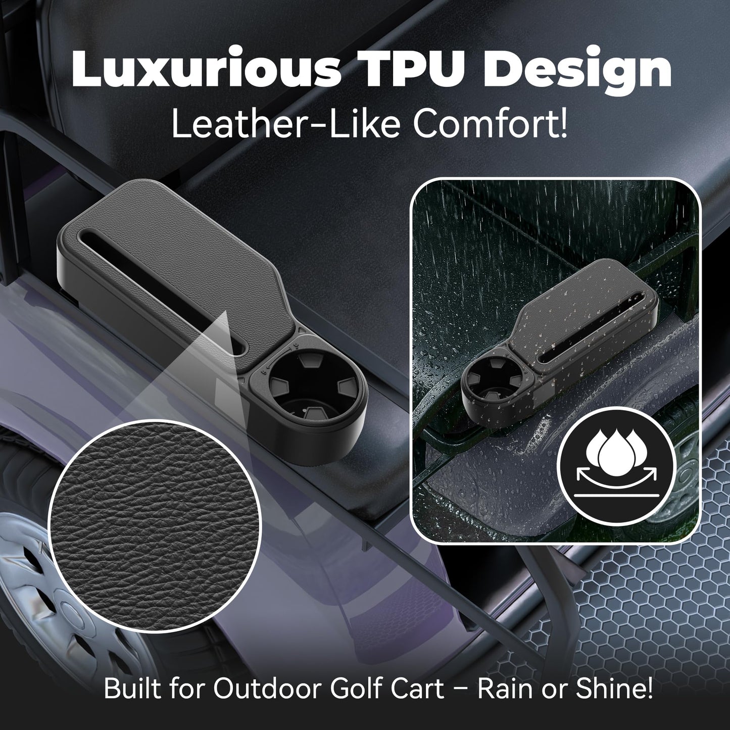 GOLFCOZER Upgraded Golf Cart Armrest with Cup Holder – Wide Comfort Pad, Universal Fit for EZGO, Club Car, Yamaha – Waterproof, Tool-Free Install, Fits 1" & 1.25" Square Tubes （Black）