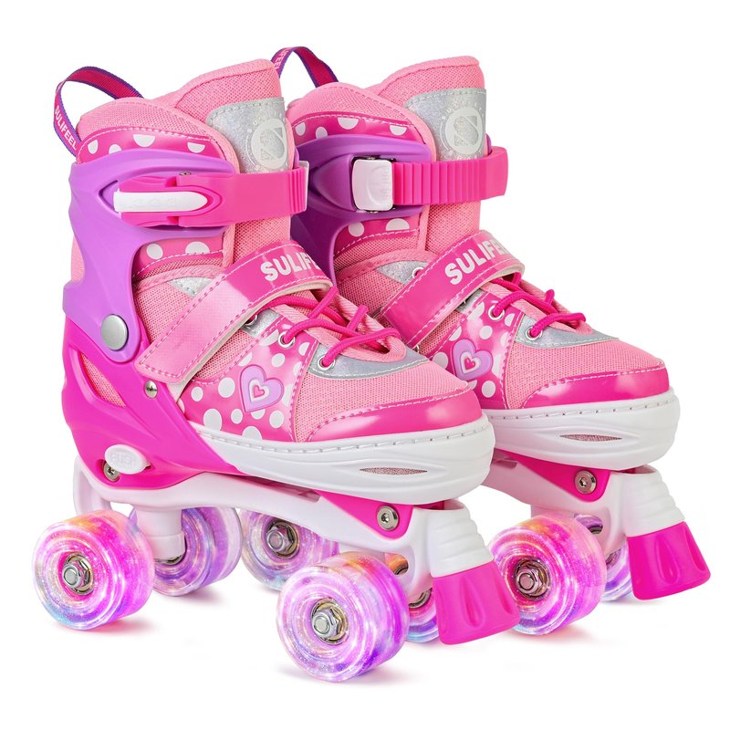 SULIFEEL Roller Skates for Girls Ages 3-12, 4 Sizes Adjustable Kids Quad Skates with Light up Wheels-Birthday Gift for Indoor Outdoor Sports
