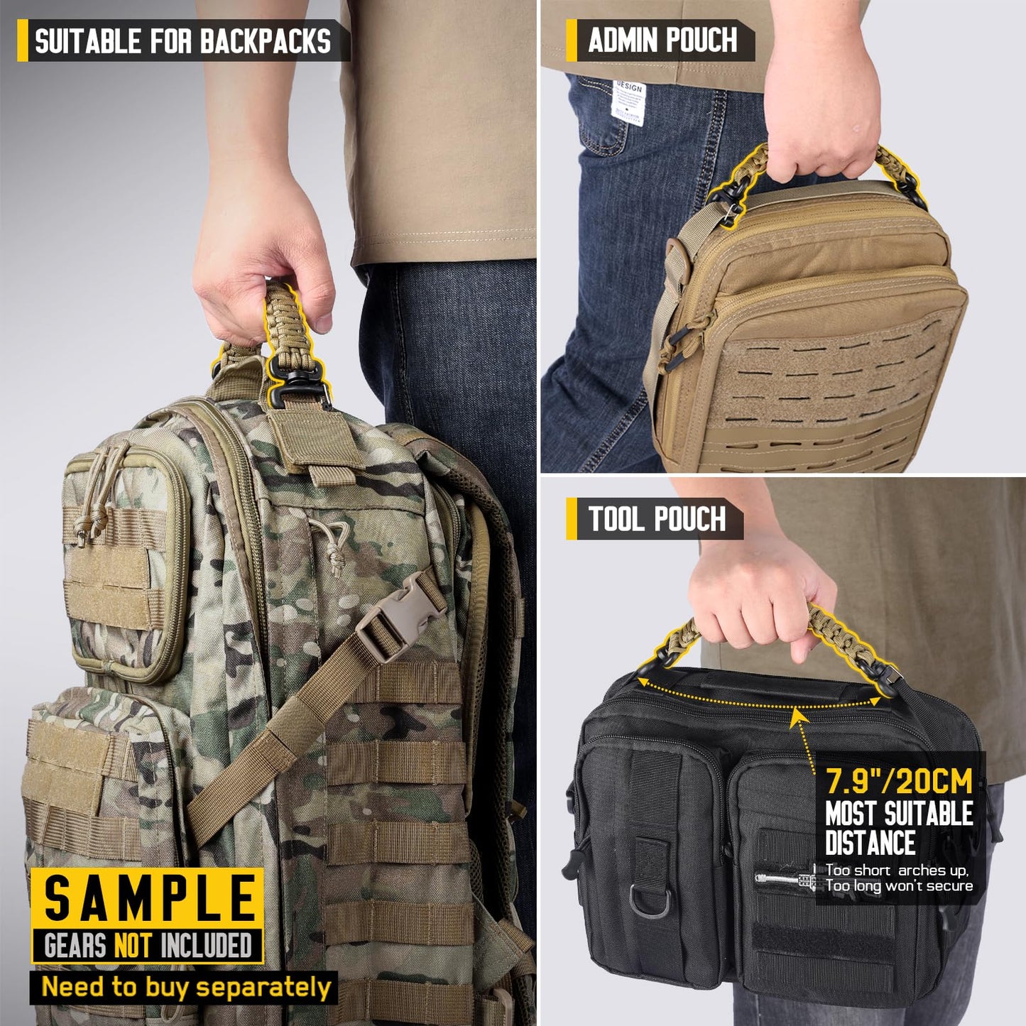 Pitozer Tactical Paracord Handle，9-core Weaving Paracord Strap for Backpack Handle Replacement，Molle Attachment with Plastic Clips for Tactical Bag Accessory,Sling Bags(7.9"/20cm Optimal spacing)