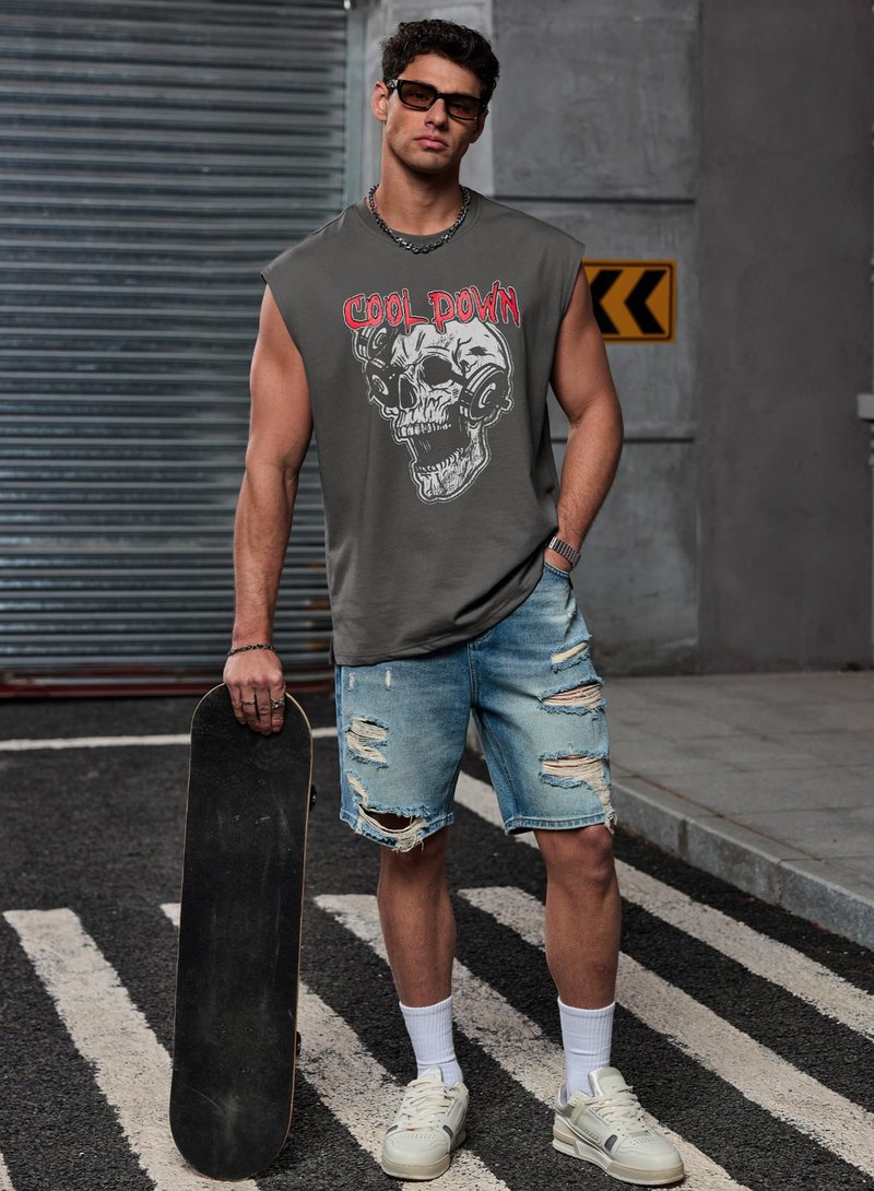 VOGSTART Men Tank Top Loose Fit Designer Tee Summer Cozy Shirts Classic Cut Off Cotton Novelty Gym Soft Sleeveless Graphic Training Sport Exercise Motion Muscle Dark Grey Skull M