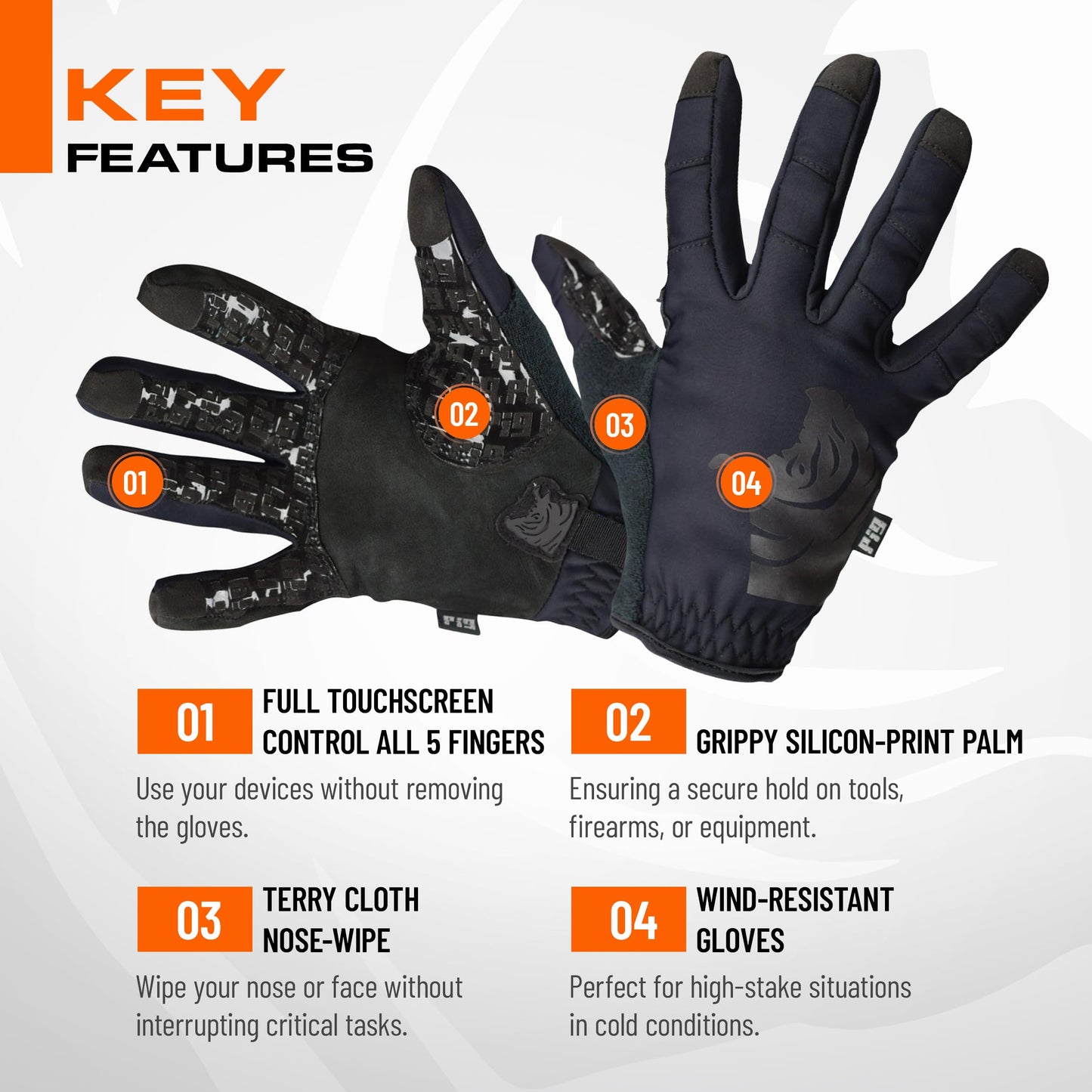 PIG FDT Full Dexterity Cold Weather Gloves, Insulated, Touchscreen Compatible, Silicone Grip, for Shooting Sports, 1 Pair