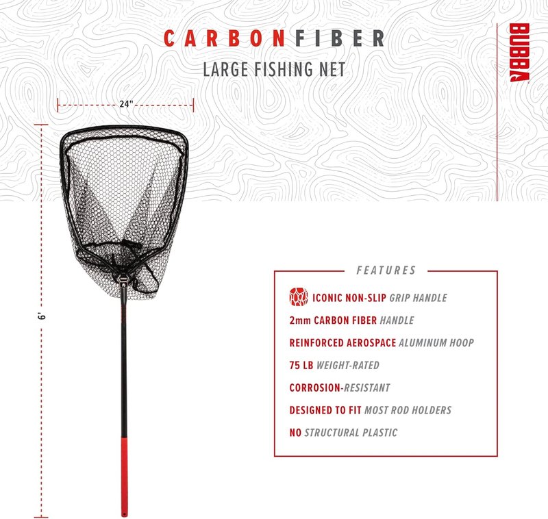 BUBBA Landing Nets - Corrosion Resistant Fishing Net with Non-Slip Grip Handle | Durable Carbon Fiber Shafts