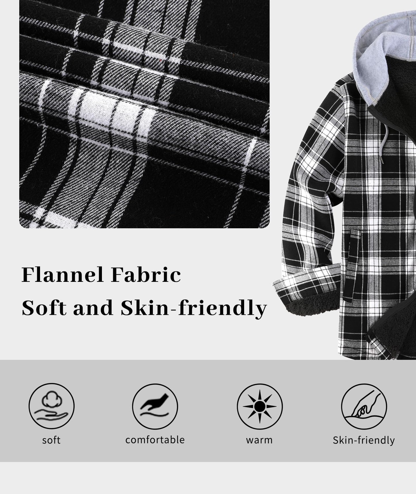 ZITY Men's Flannel Fleece Hoodie Plaid Sherpa Lined Jackets Zip Up With Pocket