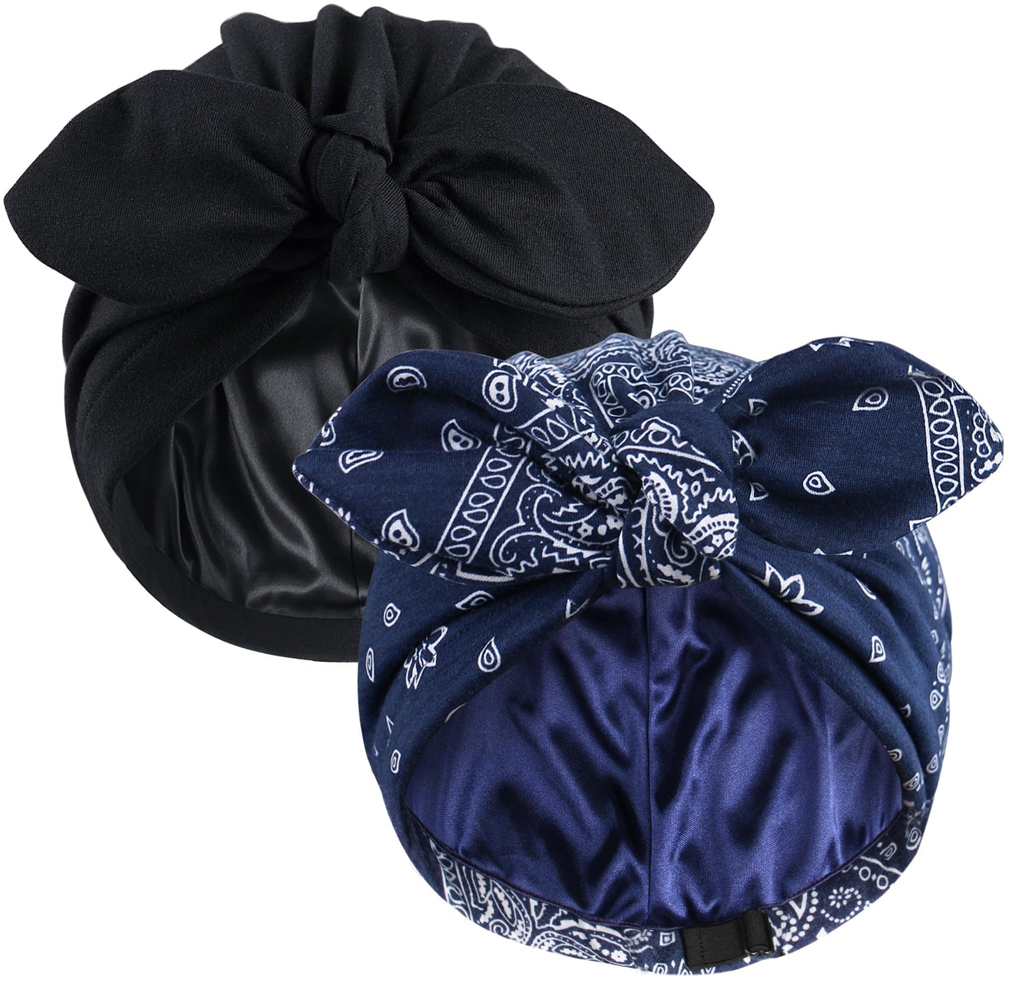 Ababalaya 2PCS Satin Lined Beanies for Women Chemo Headwear Silky Lined Cotton Sleeping Cap (2, 2Navy Blue)