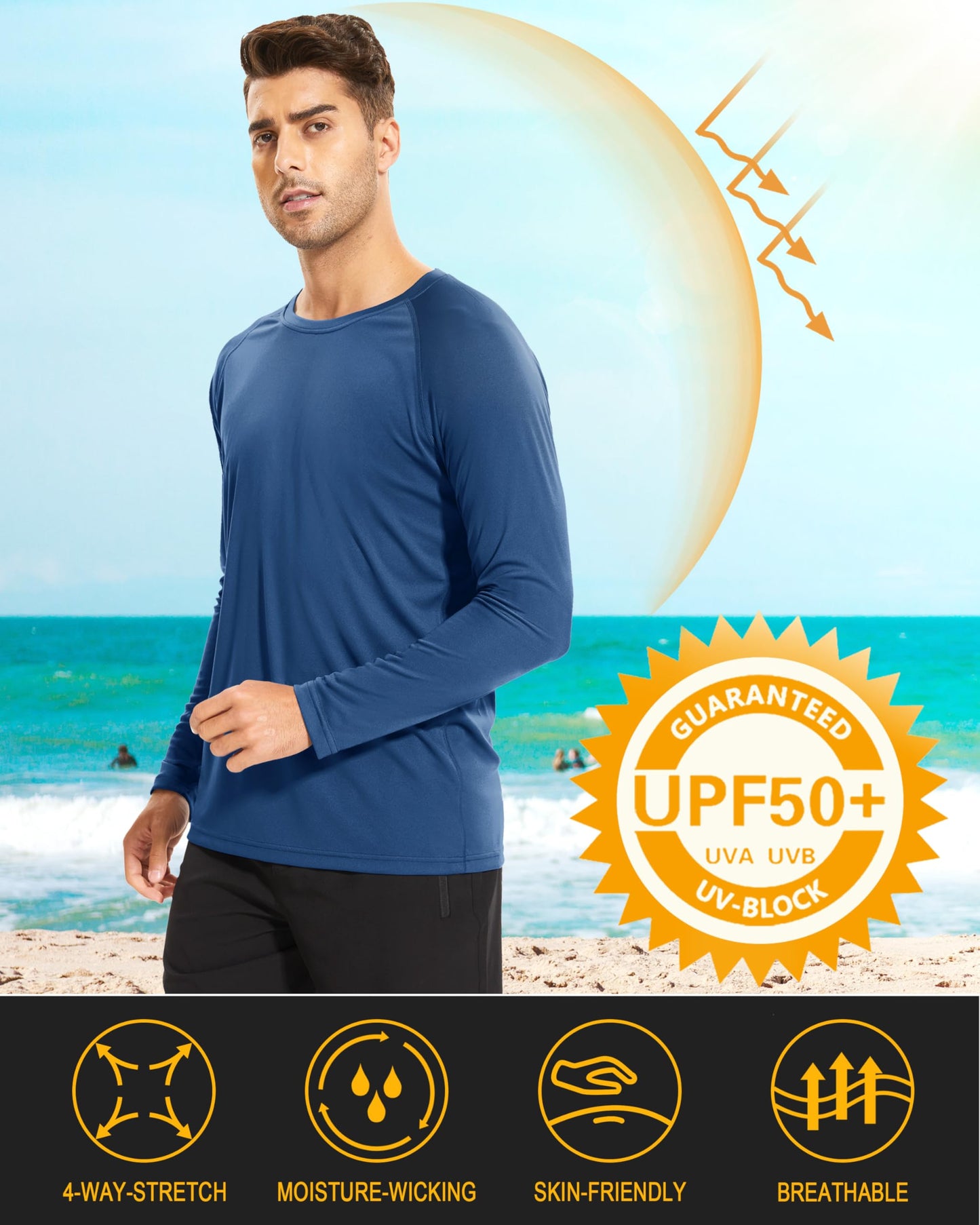 MAGCOMSEN Long Sleeve Shirt for Men UV Protection Shirts Quick Dry Baselayer Shirt Rash Guard for Men Blue Grey,3XL
