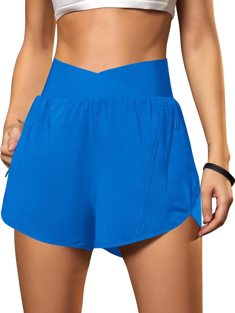 Women's High Waisted Crossover Workout Shorts - Athletic Running Shorts with Zipper Pockets