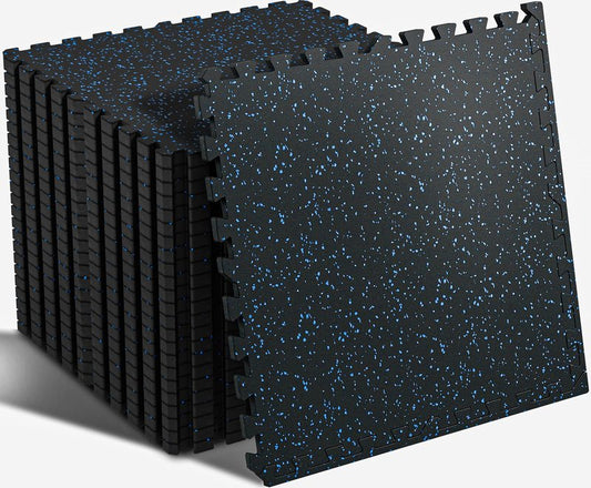 SUPERJARE 0.56'' Thick 24 Pcs 96 Sq Ft Rubber Top Exercise Equipment Mats, High Density EVA Foam Mats with Rubber Top, Interlocking Gym Flooring for Home Gym, Protective Workout Mat, Black/Blue
