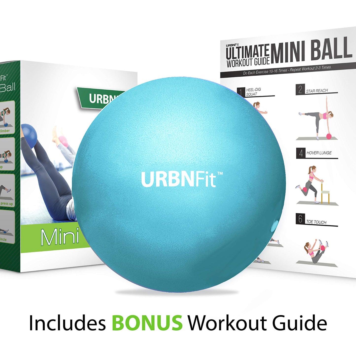 URBNFit Pilates Ball 9 Inch - Small Exercise Balls for Yoga, Barre, Physical Therapy, Stretching, Posture, Core Fitness – Mini Bender & Massager Ball for Back Pain with Workout Guide - Aqua