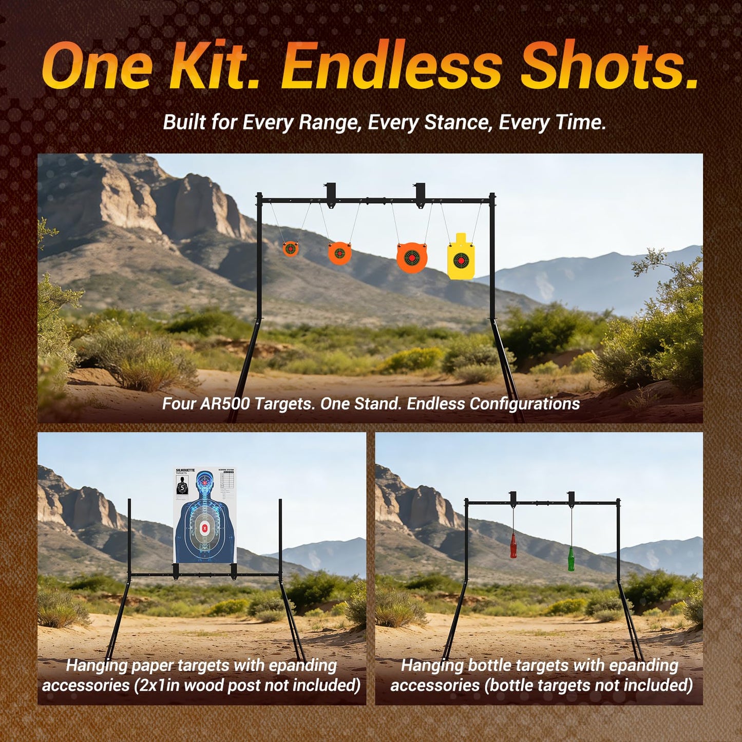 AR500 Steel Targets and Stand System Kit - 3/8" Thick with 4",6",8" Gongs & 7"x12" Torso, Adjustable 35.5"-63.5" Shooting Target Stand, Bonus 10pc Paper Targets & 10 Stickers for Outdoor Rifle Pistol