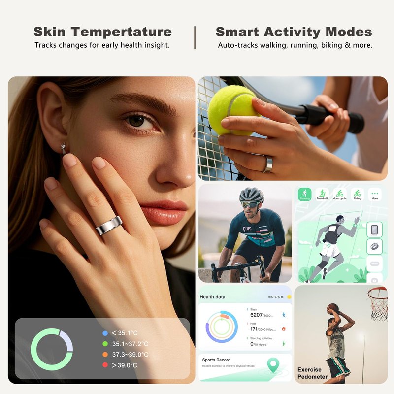 RIFESI Smart Ring for Women Men, Fashion Minimalist Fitness Ring & Sleep Tracker with Heart Rate,Blood Pressure, 5ATM Waterproof Health, No Subscription, Travel-Friendly Couple Gift (Gold, 011)