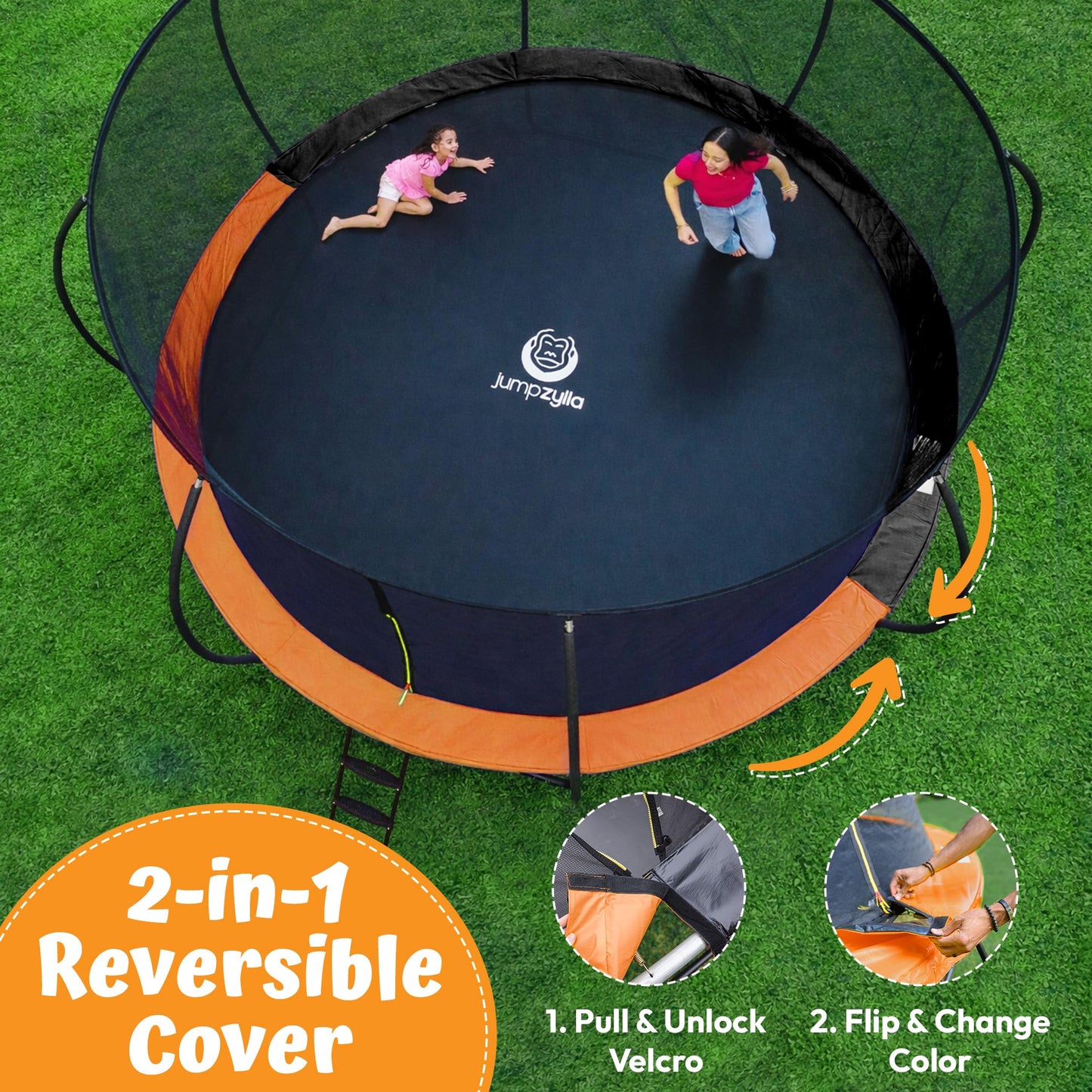 JUMPZYLLA Trampoline Outdoor 8FT 10FT 12FT 14FT 15FT 16FT with Enclosure and Ladder, ASTM Approved Recreational Trampoline for Kids and Adults, Anti-Rust Coated Frame (Orange, 8FT)