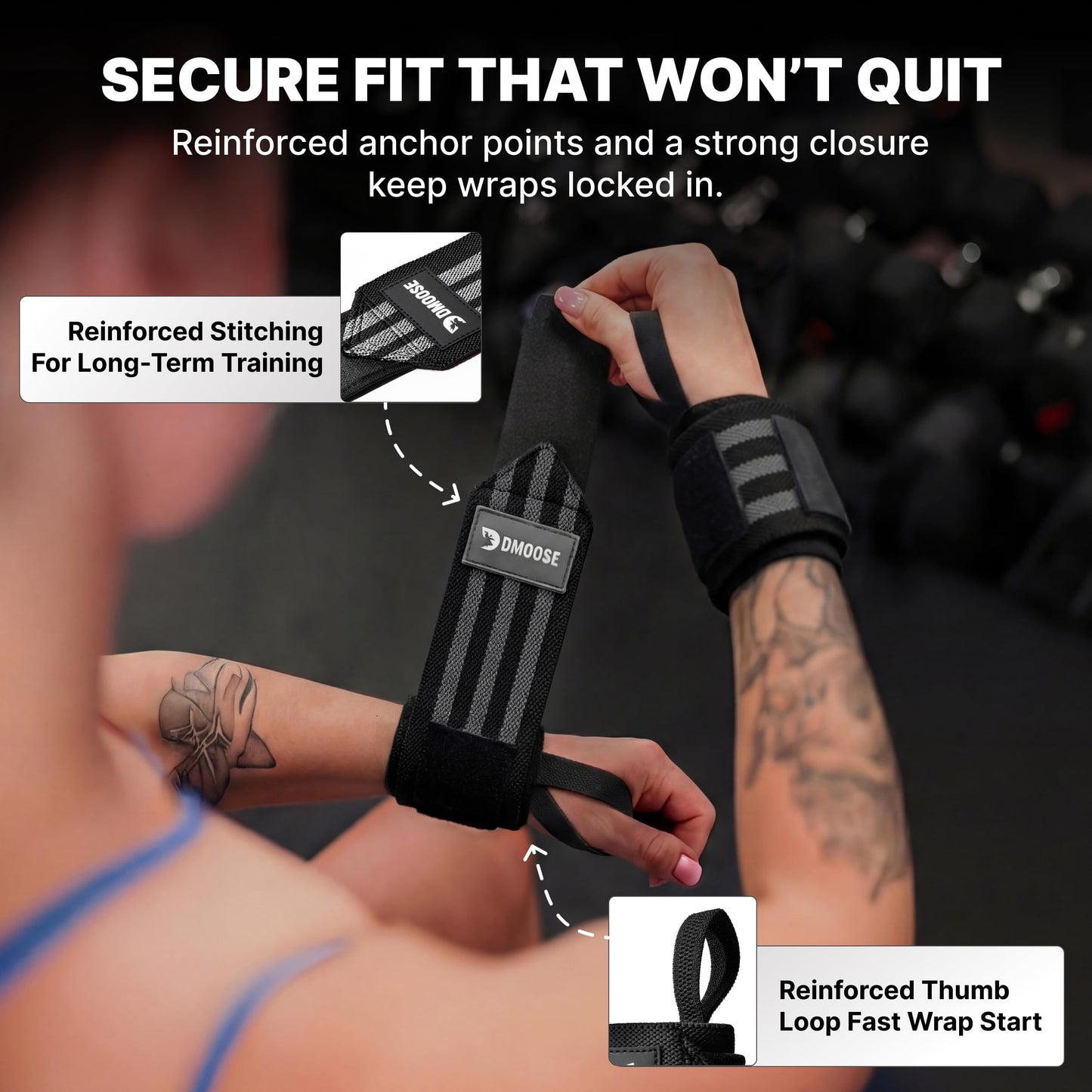 DMoose Wrist Wraps Weightlifting Men 12 and 18 Inches Thumb Loops with Wrist Support for Workouts Powerlifting Wrist Straps for Weight Lifting Men and Women Black Stripes