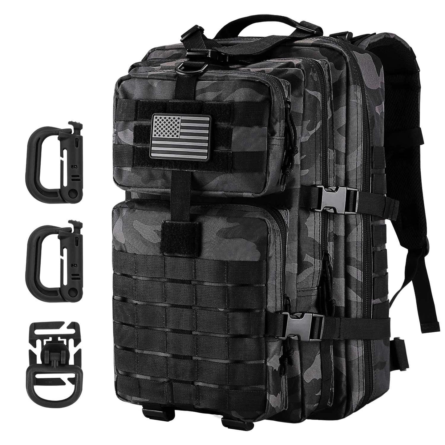 Hannibal Tactical MOLLE Assault Pack, Tactical Backpack Military Army Camping Rucksack, 3-Day Pack Trip w/USA Flag Patch, D-Rings, Black Camo