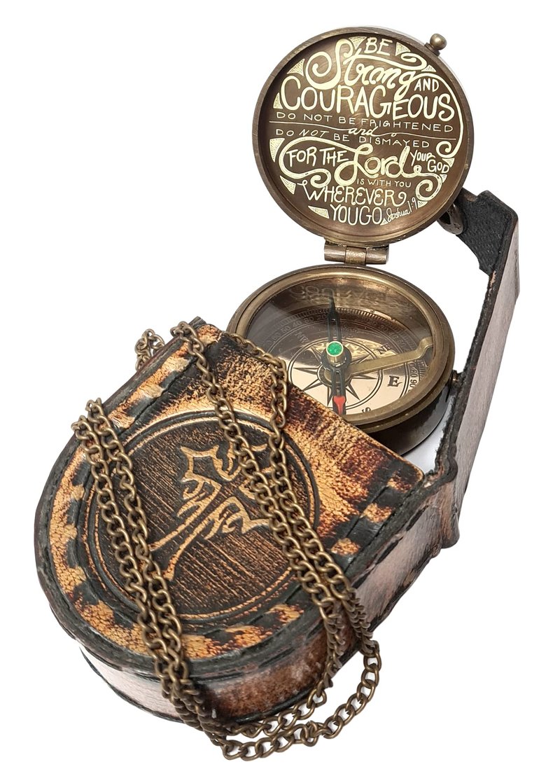 Brass Nautical - Engraved Brass Compass with Leather Case, Religious Scripture, Removable Chain - Confirmation, Graduation, Baptism Gift | Antique Décor Accent